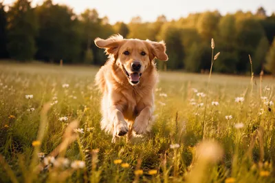 Happy Golden Retriever Running Through Summer Meadow