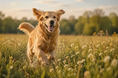 Happy Golden Retriever Running Through Meadow