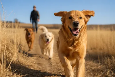 Happy Golden Retriever Running Through Prairie Grass