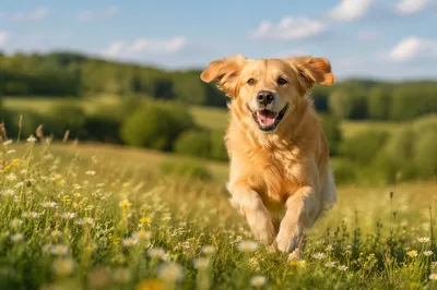 Happy Golden Retriever in Summer Meadow