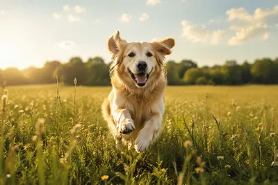 Happy Golden Retriever in Sunlit Meadow