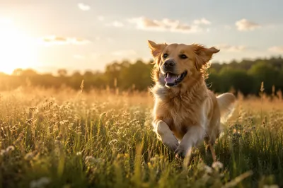 Happy Golden Retriever in Sunlit Meadow