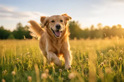 Happy Golden Retriever in Sunlit Meadow