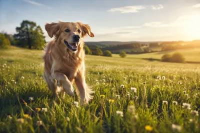 Happy Golden Retriever in Sunlit Meadow