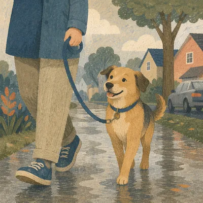 Happy Dog Walk on Rainy Sidewalk