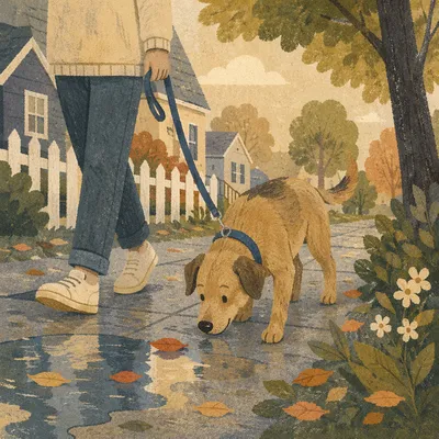 Calm Dog Walk on Rainy Sidewalk