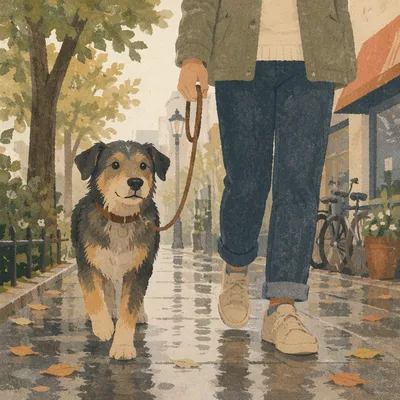 Calm Dog Walk on Rainy Sidewalk