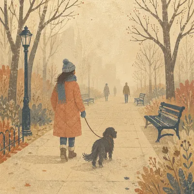 Dog Walking Beside Owner on Foggy Sidewalk