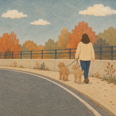 Autumn Dog Walk Along Quiet Sidewalk