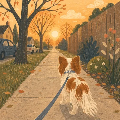 Golden Hour Dog Walk on Sidewalk