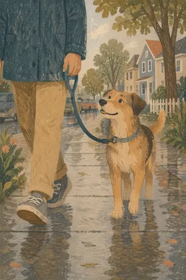 Happy Dog Walk on Rainy Sidewalk