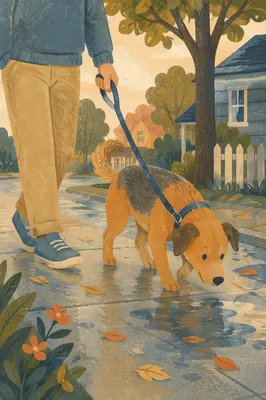 Calm Dog Walk on Rainy Sidewalk