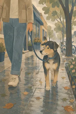 Calm Dog Walk on Rainy Sidewalk