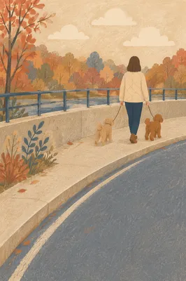 Autumn Dog Walk Along Quiet Sidewalk