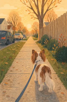Golden Hour Dog Walk on Sidewalk