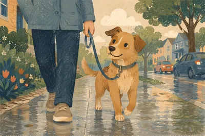Happy Dog Walking Beside Owner