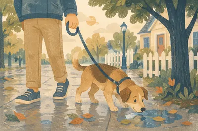 Calm Dog Walk on Rainy Sidewalk