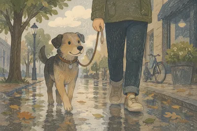 Calm Dog Walk on Rainy Sidewalk