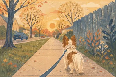Golden Hour Dog Walk on Sidewalk