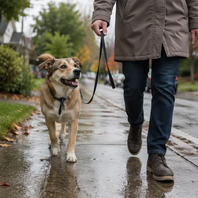 Happy Dog Walking Beside Owner