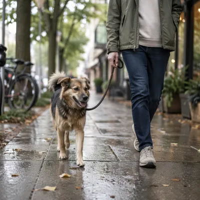 Calm Morning Dog Walk on Sidewalk