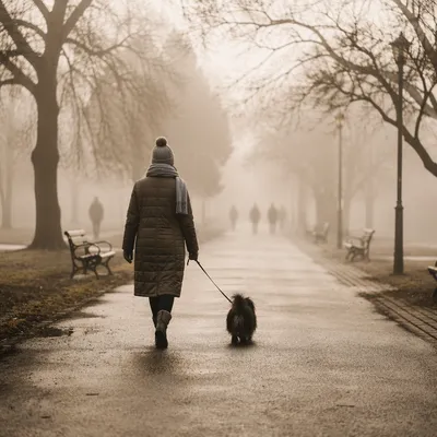 Small Dog Walking on Foggy Sidewalk