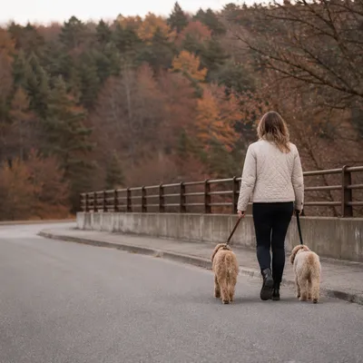 Owner Walking Two Dogs at Sunset