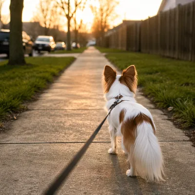 Golden Hour Dog Walk on Sidewalk