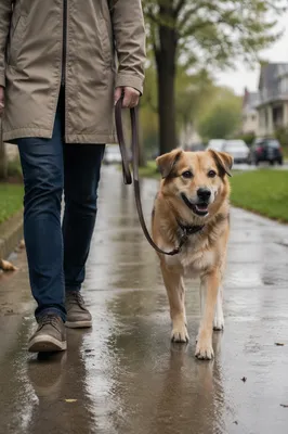 Dog Walking Beside Owner After Rain