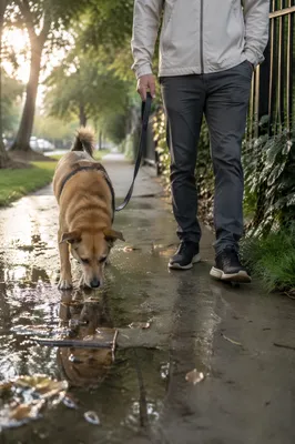 Calm Morning Dog Walk on Sidewalk
