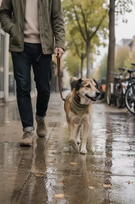 Calm Dog Walk on Rainy Sidewalk