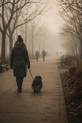 Small Dog Walking with Owner in Fog