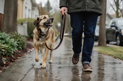 Happy Dog Walking Beside Owner After Rain