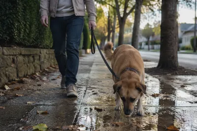 Calm Dog Walk on Rainy Sidewalk