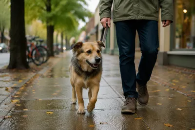 Calm Dog Walk on Rainy Sidewalk