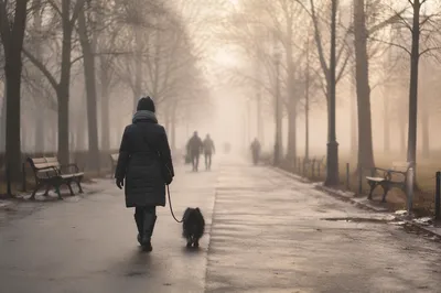 Foggy Morning Dog Walk in Urban Park