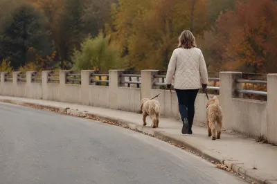 Owner Walking Two Dogs on Sidewalk