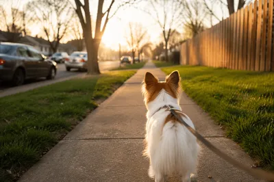 Small Dog Walking on Suburban Sidewalk
