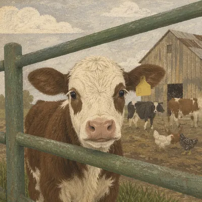 Curious Calf in a Rural Barnyard