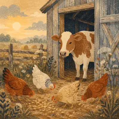 Golden Hour Cow and Chickens Barnyard