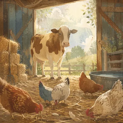 Peaceful Farm Barn with Cow and Chickens