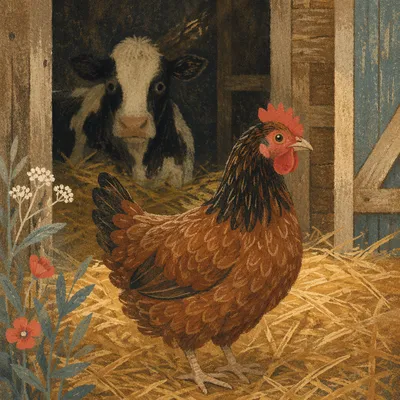 Chicken in Barn with Cow Behind