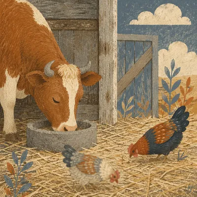 Rustic Barn Cow and Chickens Scene