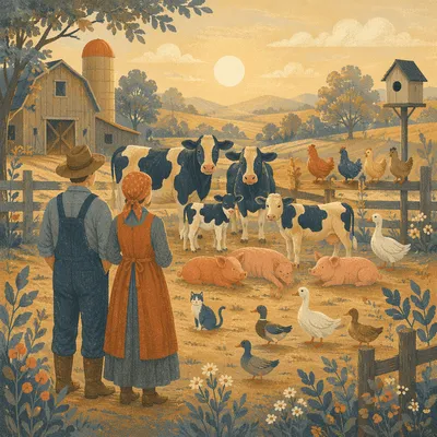 Peaceful Morning Barnyard with Farm Animals