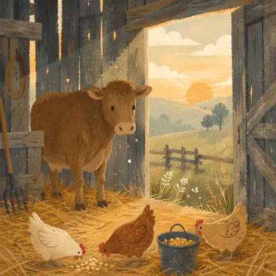 Peaceful Morning Barn with Cow and Chickens