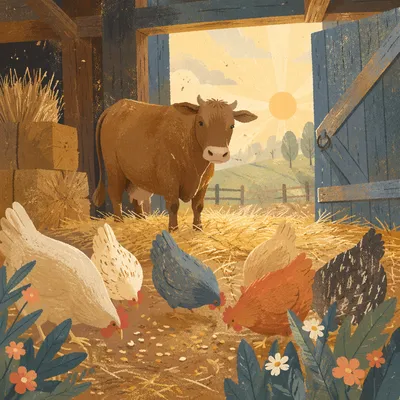 Peaceful Barn Morning with Cow and Chickens