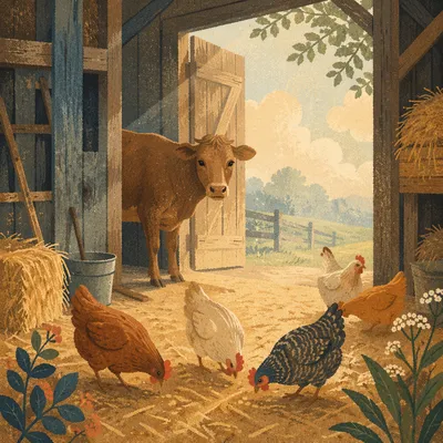 Morning Barn with Cow and Chickens