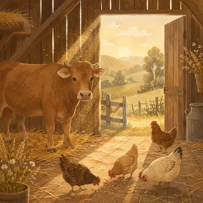 Peaceful Barn Morning with Cow and Chickens