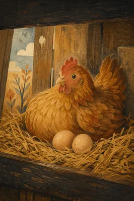 Golden Hen in Rustic Barn Nest