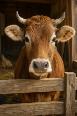 Gentle Brown Cow in Sunlit Barn